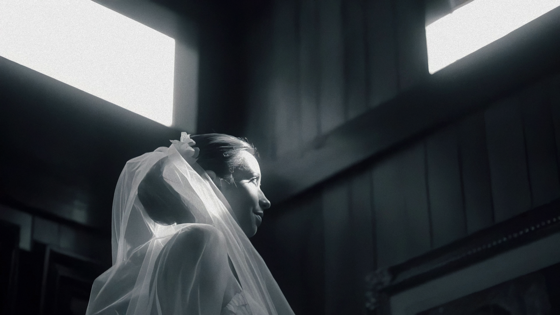 Retrato cinematográfico en blanco y negro de novia con velo bajo luz natural
